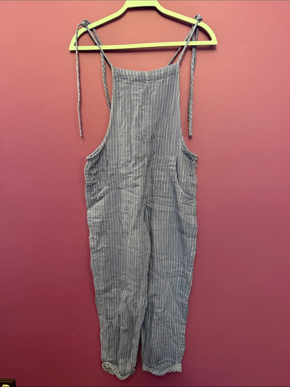 aerie Blue-Gray Pinstripe Tie-Shoulder Linen-Blend Jumpsuit